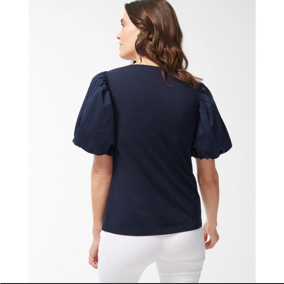 Chico’s Size (4) XXL Navy Puff Sleeve Embroidered Women’s Pullover Top - Picture 2 of 6